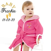 Baby and Toddler Baby Custom Name and Custom Date Feet Design Embroidered Hooded Bathrobe in Contrast Color 100% Cotton